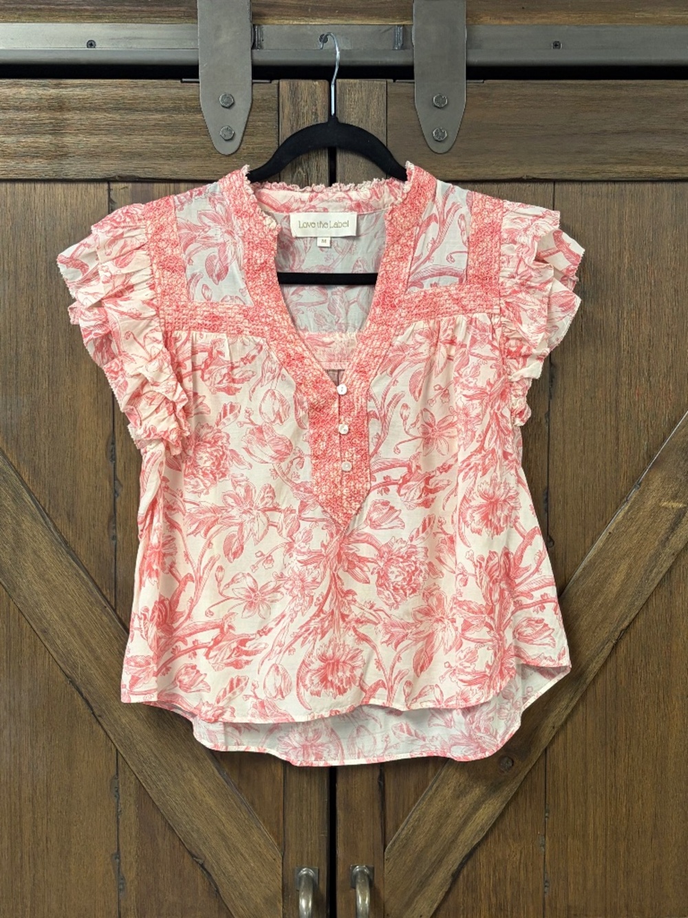 Love the Label Floral Short Sleeve Cottagecore Ruffle Blouse Size Medium